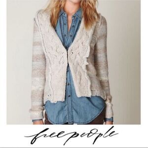 Free People Wool sweater cardigan chunky knit blue stripe twist braid, XS